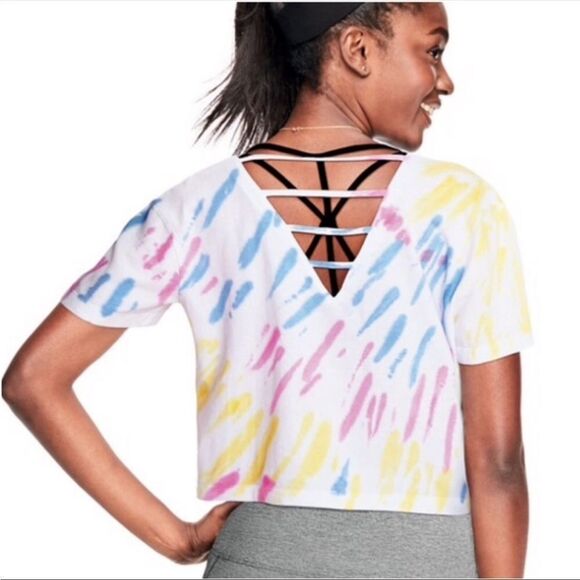 VICTORIA’S SECRET PINK | Cropped Short Sleeve Tie Dye Ladder Back Tee Women’s S - Picture 1 of 10